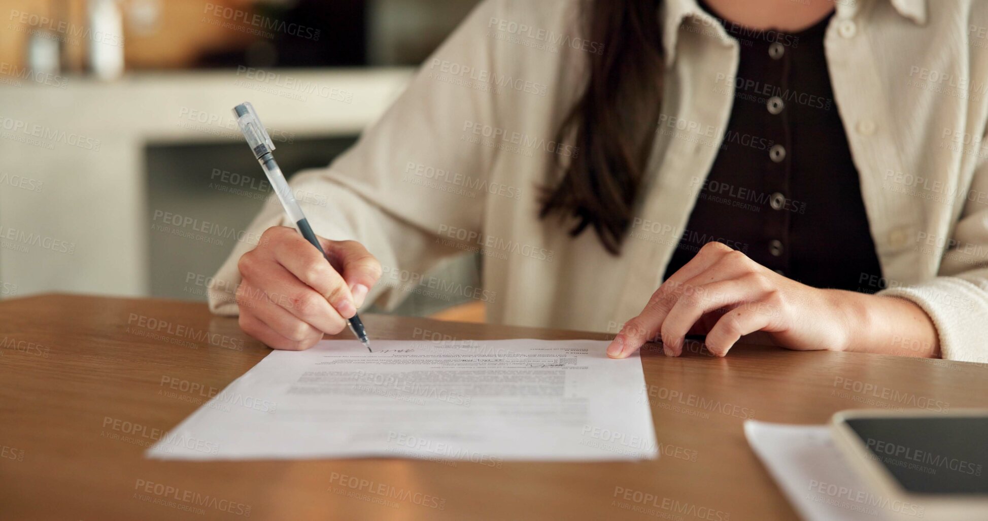 Buy stock photo Hands, documents and signature in home with finances, agreement or admin for investment portfolio. Person, investor and paperwork with writing, tax compliance and application for insurance at house