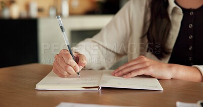 Buy stock photo Hands, notebook and writing with remote work from home for schedule, checklist or agenda with review. Person, freelance job and admin for copywriting career, feedback or reminder with tasks at house
