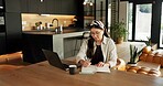 Remote work, laptop or woman with writing in house for hashtag ideas, campaign planning or agenda. Freelance, social media assistant or tech for market research, scheduling or notes for viral trends