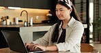 Creative, freelancer and woman with laptop in house, smile and research for logo design inspiration. Happy, graphic designer and Asian person with tech for project, remote work and search for ideas