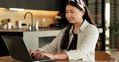 Buy stock photo Creative, freelancer and woman with laptop in house, smile and research for logo design inspiration. Happy, graphic designer and Asian person with tech for project, remote work and search for ideas