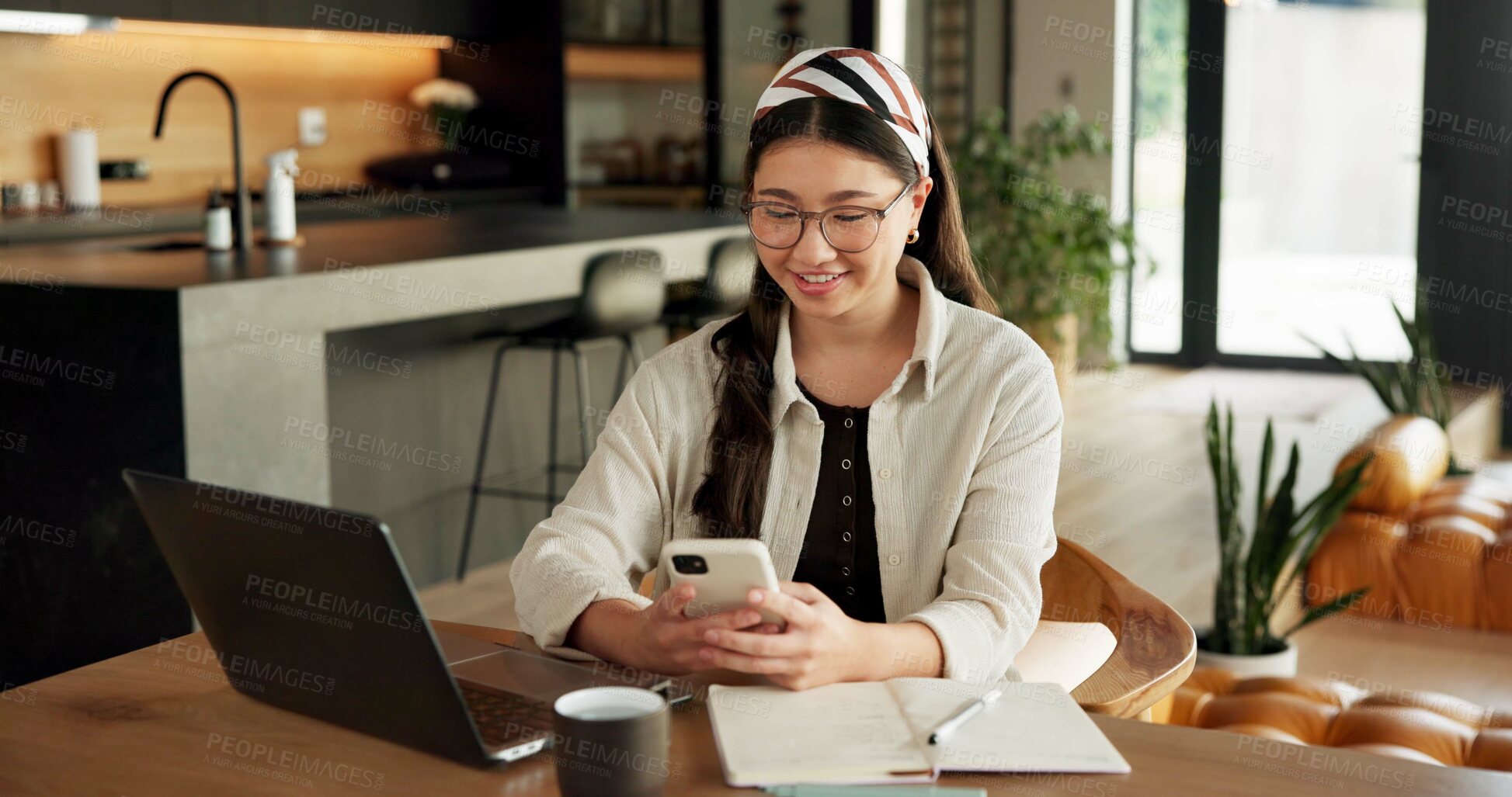 Buy stock photo Remote work, texting or woman with phone in home for trend research, message response or scheduling. Laptop, social media assistant or mobile app for marketing intern, digital campaign or freelancing