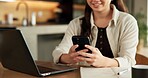 Remote work, hands or woman with phone in house for online editing, tracking trends or scheduling. Laptop, social media assistant or mobile app for viral post comment, digital campaign or freelancing