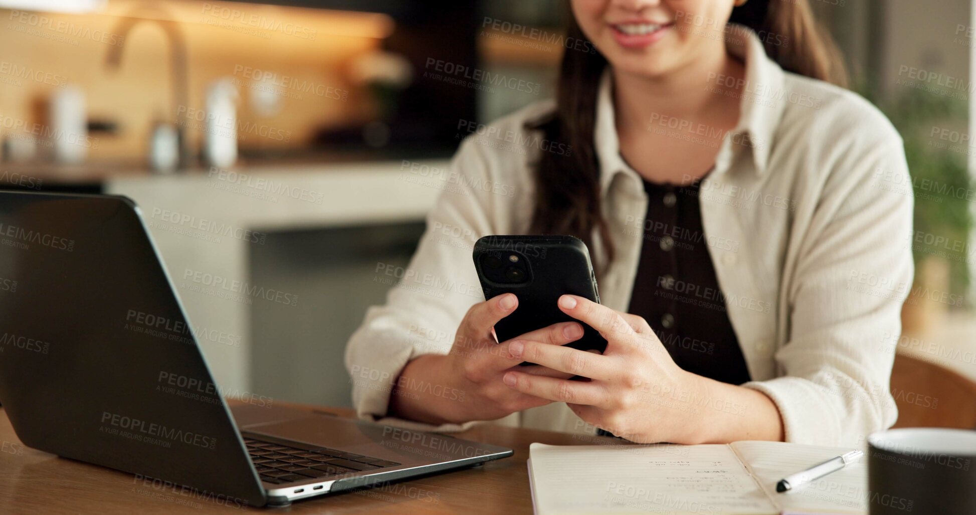 Buy stock photo Remote work, hands or woman with phone in house for online editing, tracking trends or scheduling. Laptop, social media assistant or mobile app for viral post comment, digital campaign or freelancing