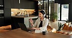 Woman, laptop and video call with wave for remote work from home, headphones or smile in lounge. Person, greeting and virtual meeting with computer, audio and happy with hello with feedback at house