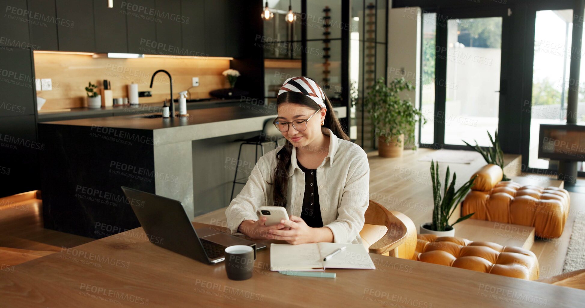 Buy stock photo Remote work, laptop or woman with phone in home for content scheduling, comment response or email. Freelancer, social media assistant or mobile app for market research, marketing intern or networking