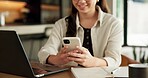 Remote work, hands or woman with phone in home for trend research, message response or scheduling. Laptop, social media assistant or mobile app for marketing intern, digital campaign and freelancing