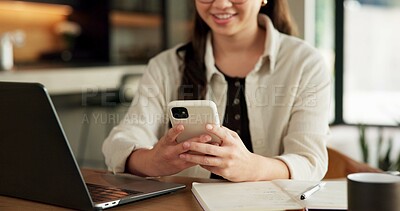 Buy stock photo Remote work, hands or woman with phone in home for trend research, message response or scheduling. Laptop, social media assistant or mobile app for marketing intern, digital campaign and freelancing