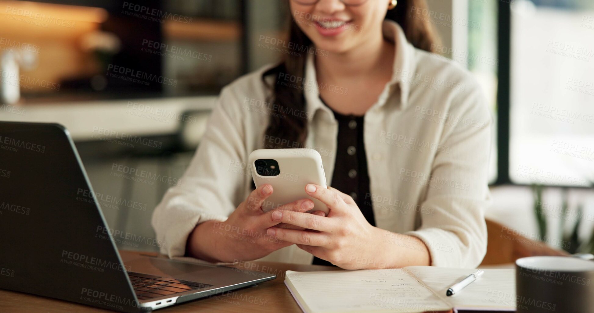 Buy stock photo Remote work, hands or woman with phone in home for trend research, message response or scheduling. Laptop, social media assistant or mobile app for marketing intern, digital campaign and freelancing
