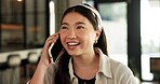 Phone call, happy and Asian woman in home for talking, social networking and communication. Apartment, weekend and person on cellphone for contact, chatting and conversation for online connection