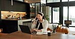 Happy, phone call and woman with laptop in home, freelancer and research for logo design on website. Creative, graphic designer and Asian person with tech for remote work, smile and chat with client