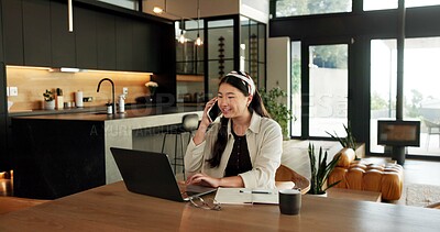 Buy stock photo Happy, phone call and woman with laptop in home, freelancer and research for logo design on website. Creative, graphic designer and Asian person with tech for remote work, smile and chat with client