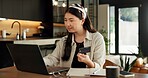 Woman, laptop and credit card with online shopping in home with easy payment, bills or budget. Asian person, computer and digital banking with fintech, financial freedom and e commerce in apartment