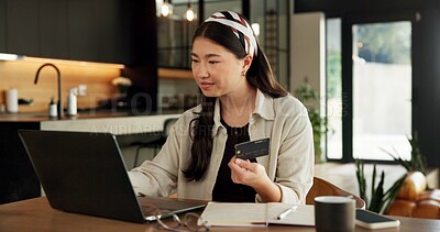 Buy stock photo Woman, laptop and credit card with online shopping in home with easy payment, bills or budget. Asian person, computer and digital banking with fintech, finance website and e commerce in apartment