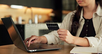 Buy stock photo Hands, laptop and credit card with online shopping in home with easy payment, bills or budget. Woman, computer and typing for digital banking with fintech, finance website or ecommerce in apartment