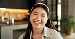 Happy, new home and portrait of Asian woman with smile for confidence, relax and wellness on break. Apartment, homeowner and person with laugh for positive attitude, good mood and chill on weekend
