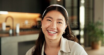 Buy stock photo Happy, new home and portrait of Asian woman with smile for confidence, relax and wellness on break. Apartment, homeowner and person with laugh for positive attitude, good mood and chill on weekend