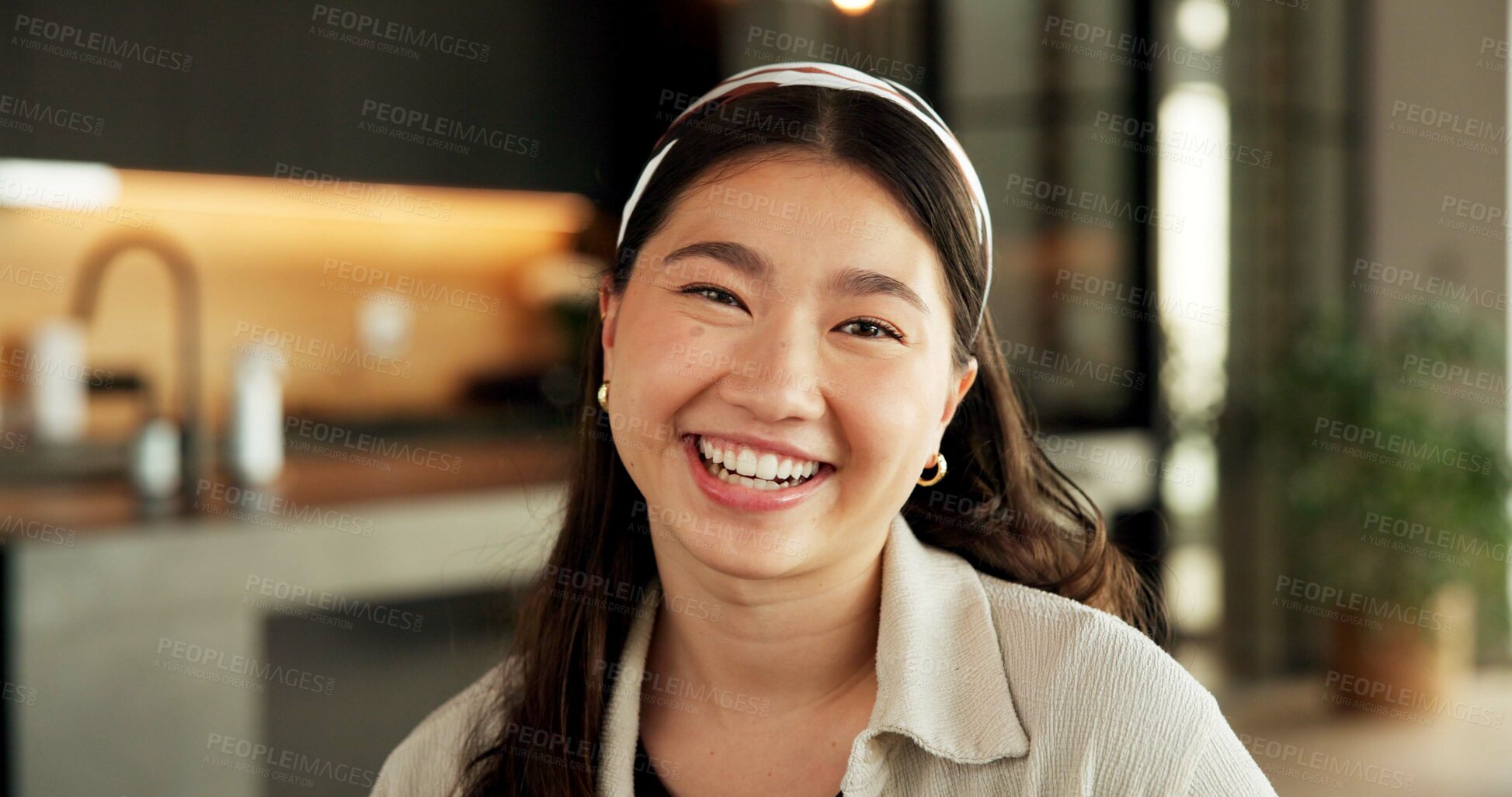 Buy stock photo Happy, new home and portrait of Asian woman with smile for confidence, relax and wellness on break. Apartment, homeowner and person with laugh for positive attitude, good mood and chill on weekend