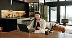Woman, laptop and credit card with e commerce in home with easy payment, bills or budget. Asian person, computer and digital banking with fintech, financial freedom and online shopping in apartment
