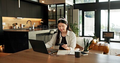 Buy stock photo Woman, laptop and credit card with e commerce in home with easy payment, bills or budget. Asian person, computer and digital banking with fintech, finance website and online shopping in apartment