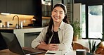 Portrait, arms crossed and woman with laptop in home, freelancer and research for logo design on web. Creative, graphic designer and Asian person with smile in house, online and remote work with tech
