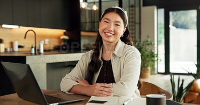 Buy stock photo Portrait, arms crossed and woman with laptop in home, freelancer and research for logo design on web. Creative, graphic designer and Asian person with smile in house, online and remote work with tech