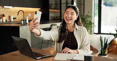 Buy stock photo Creative, home and woman with smile for selfie, content creation and sharing moment on social media. Influencer, remote work and Asian person on break for picture, photography and memory in house