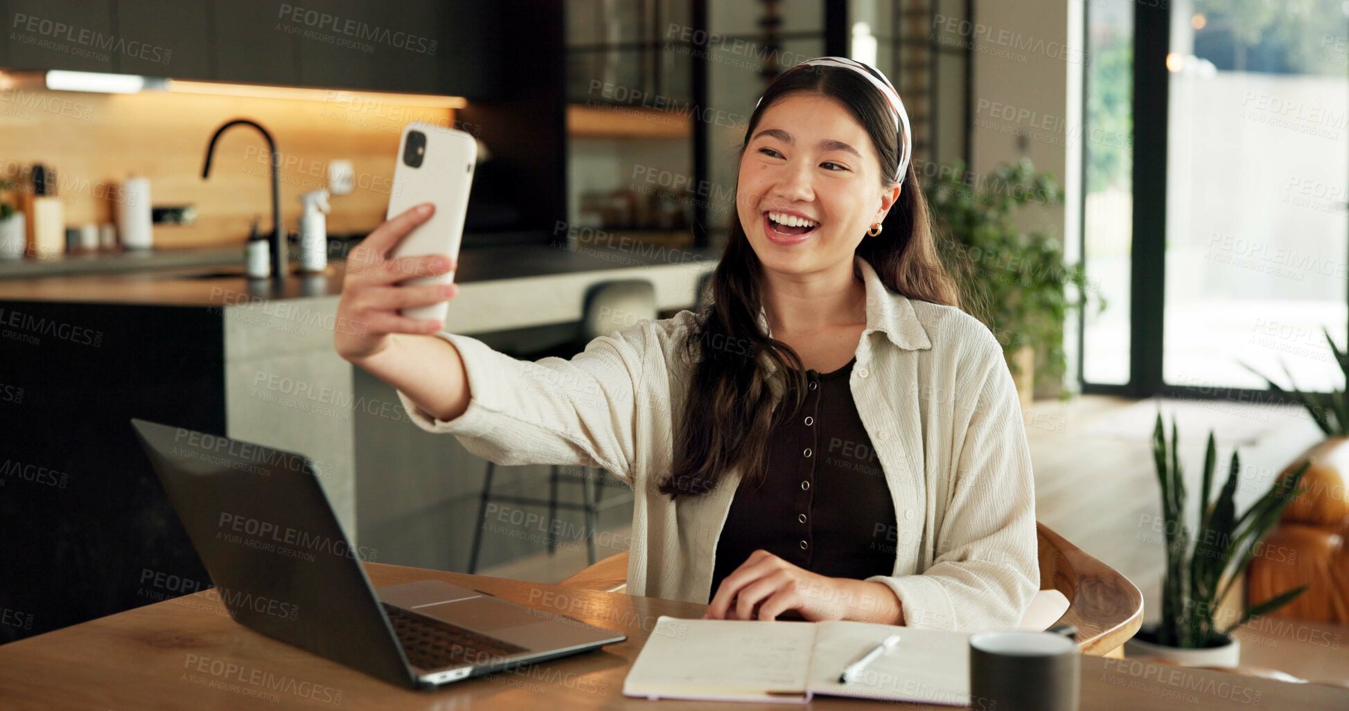 Buy stock photo Creative, home and woman with smile for selfie, content creation and sharing moment on social media. Influencer, remote work and Asian person on break for picture, photography and memory in house