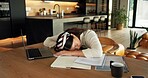 Freelancer, sleeping and woman with laptop in home, overworked or tired with design deadline on desk. Graphic designer, burnout and person with paperwork in house, remote work and nap after project