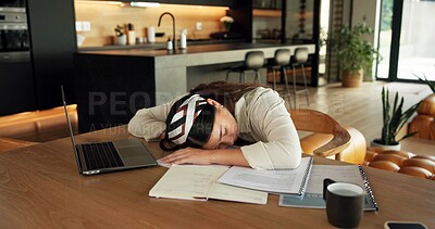 Buy stock photo Freelancer, sleeping and woman with laptop in home, overworked or tired with design deadline on desk. Graphic designer, burnout and person with paperwork in house, remote work and nap after project