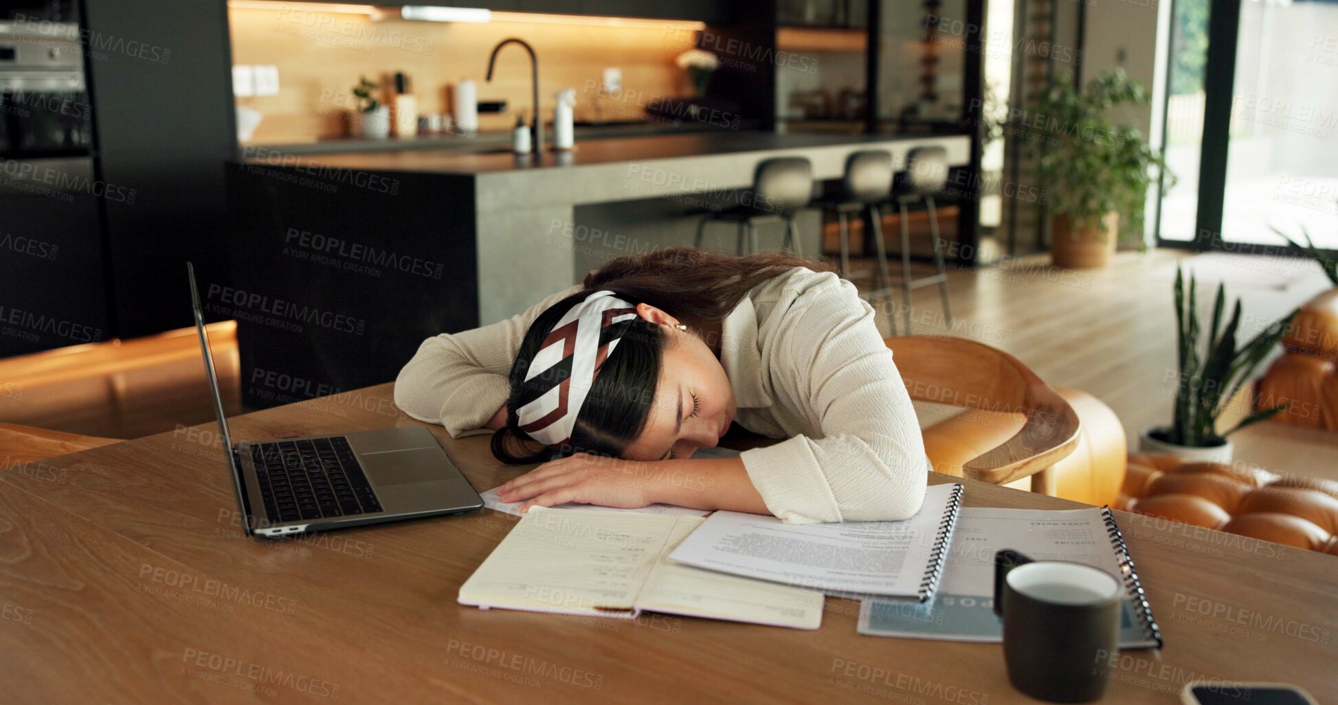 Buy stock photo Freelancer, sleeping and woman with laptop in home, overworked or tired with design deadline on desk. Graphic designer, burnout and person with paperwork in house, remote work and nap after project