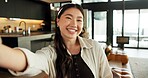 Happy, selfie and portrait of Asian woman in home for social media, online post and profile picture. Weekend, influencer and person smile for photograph for memory, update or live stream in apartment
