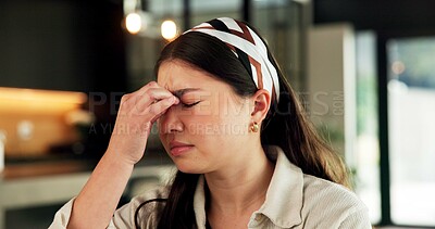 Buy stock photo Woman, eye strain and headache in home with stress, frustrated and exhausted with fatigue in living room. Asian person, migraine and tired with burnout, overworked and massage for pain at apartment