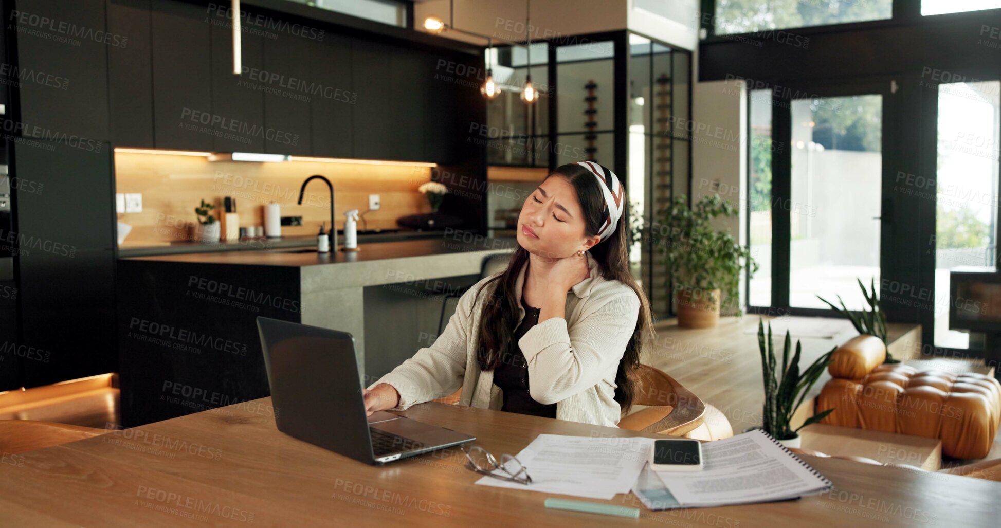 Buy stock photo Neck, pain and laptop with asian woman in home for mortgage stress, tired and payment error. Burnout, muscle ache and budget pressure with person in living room of apartment for fatigue and tension