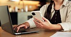 Creative, phone and hands with laptop in house, freelancer and research for logo design inspiration. Graphic designer, online and person with tech for project, remote work and search ideas on mobile