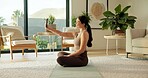Yoga mat, happy and selfie of woman in home for social media, online post and fitness update. Apartment, morning and person with picture, photo and smile for mobile app, internet and pilates vlog
