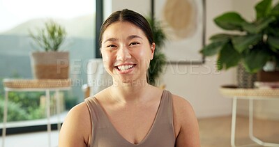 Buy stock photo Portrait, woman and smile with yoga in home for holistic practice, exercise rest and self care. Yogi, asian person and happy to relax in living room for fitness break, morning wellness and health