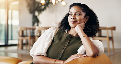 Buy stock photo Thinking, woman and relax at house with smile, start day and daydreaming with happy memory. Thoughts, African female person or unwind in home with vision, reflection and inspiration for weekend break