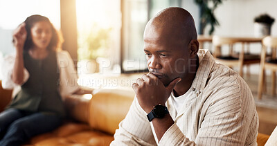 Buy stock photo Couple, fight and ignore with argument in home for toxic relationship, divorce or separation. Frustrated, man and woman shouting with disagreement or stress on sofa for living room dispute in house