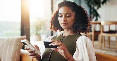Buy stock photo Woman, phone and home with credit card for online shopping, banking app or purchase on sofa. Female person, shopper or payment with debit or smartphone for wireless transaction or mobile ecommerce