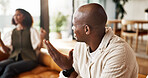 Fight, conflict or black couple with argument in home for toxic relationship, divorce or separation. Frustrated, man and woman with disagreement or stress on sofa for living room dispute in house
