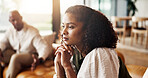 Fight, conflict or black couple with dispute in home for toxic relationship, argument or separation. Frustrated, man and woman ignore with disagreement or divorce on sofa for cheating affair in house