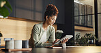 Research, woman and happy with tablet in home for loan settlement, banking app review or planning. Finance, african person and smile with tech in kitchen for credit balance, savings account or wealth
