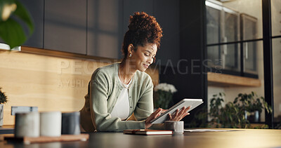 Buy stock photo Research, woman and happy with tablet in home for loan settlement, banking app review or planning. Finance, african person and smile with tech in kitchen for credit balance, savings account or wealth