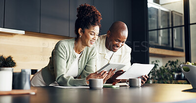 Buy stock photo Finance, documents or happy couple with tablet in home for loan settlement, budget goal or pride. Marriage, african people and paperwork with tech for credit balance, debt free or financial security