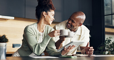 Buy stock photo Tablet, happy couple or toast with coffee in home for loan settlement, finance goals or celebration. Digital app, african people or beverage cheers for credit balance, debt free or financial security