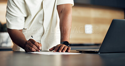 Buy stock photo Hand, man and writing in home with document, application and agreement for finance loan. Male person, signature and laptop at house with paperwork, bookkeeping and compliance form for household audit