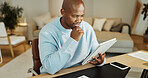 Tablet, smile and black man in home with remote work for research on frontend development. Happy, digital technology and African male software engineer with creative project for freelance career.