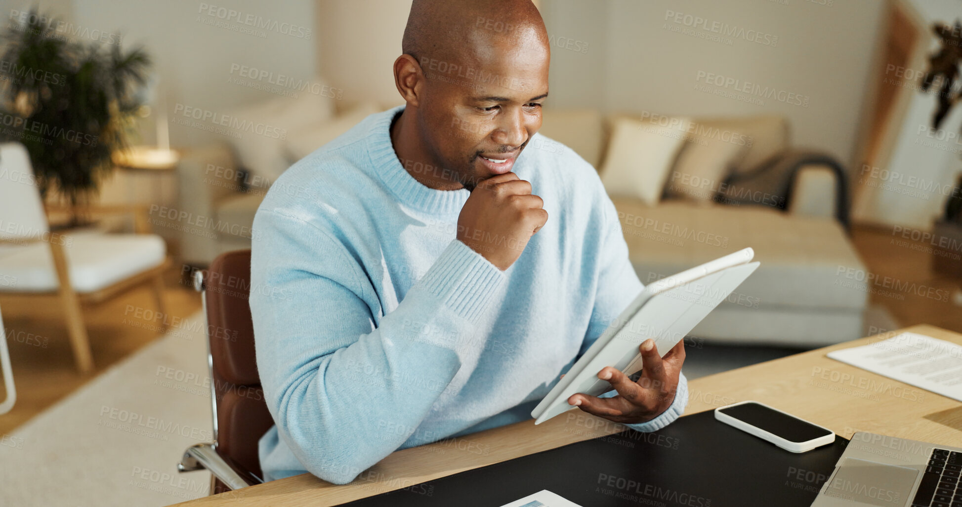 Buy stock photo Tablet, smile and black man in home with remote work for research on frontend development. Happy, digital technology and African male software engineer with creative project for freelance career.