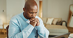 Review, serious or black man with laptop for remote work, accounting audit or internal risk crisis. Payroll mistake, freelance or worried auditor with fraud detection for compliance check, pc or home